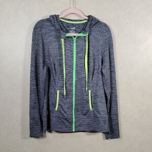 02094 Lukka gray & black striped knit zip front hoodie w/neon green L